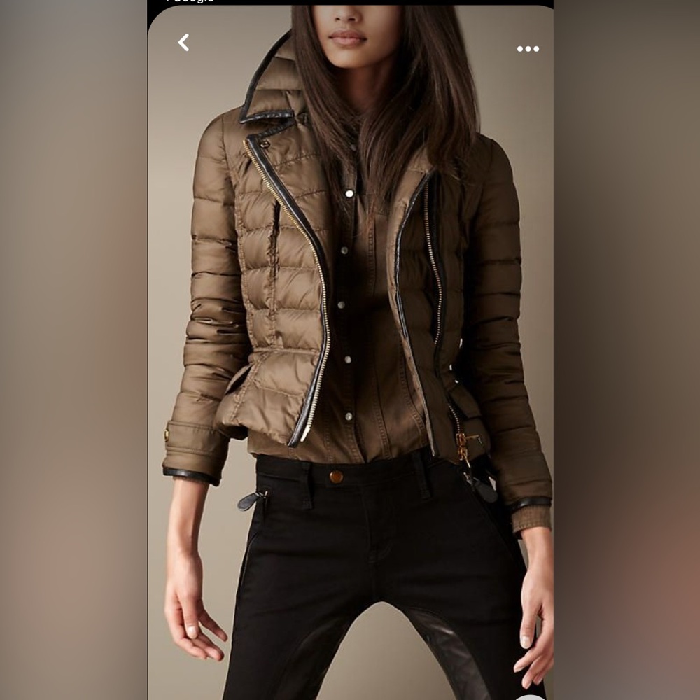 Burberry Wickliffelt Leather-Trim Peplum
Puffer Down Jacket Sz Medium